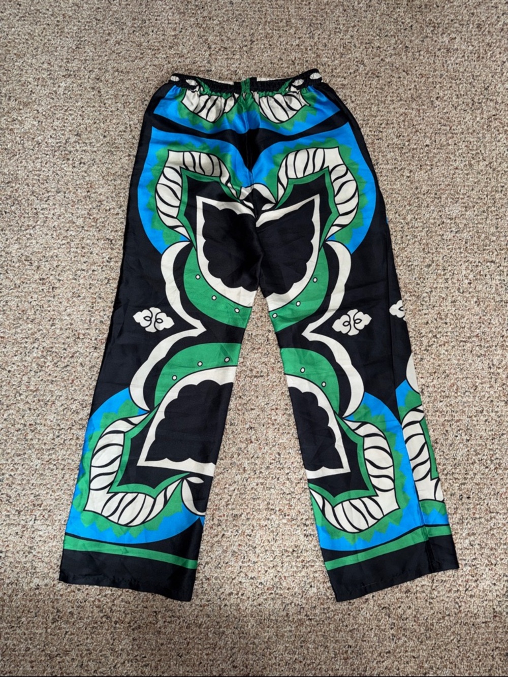 MICAS Bold Graphic Wide-Leg Silk Pants in Black, Green & Blue - Picture 5 of 7